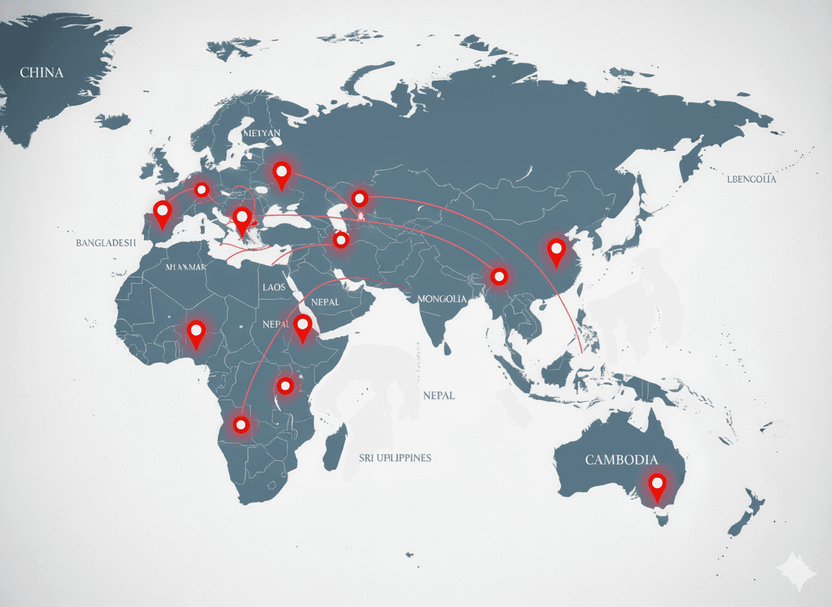 13カ国のグローバルネットワーク接続図
